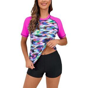 Women's UPF 50 Two Piece Rash Guard Swimsuit Built-in Bra Top & Board Shorts